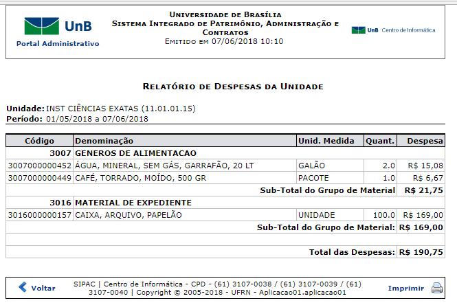 específico do Instituto de Ciências Exatas, clicando nessa opção, apareceria as despesas relacionadas aos departamentos subordinados: Matemática, Estatística e Ciências da Computação.