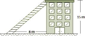 b) Qual a altura do edifício A? 2) A figura mostra um edifício que tem 15 m de altura, com uma escada colocada a 8 m de sua base ligada ao topo do edifício.