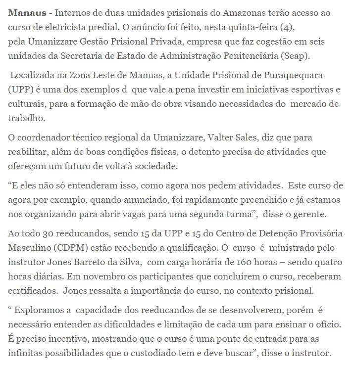 CLIPPING DE NOTÍCIAS Título: Curso de eletricista predial chega aos presídios do Amazonas Veículo: Em Tempo Data: 04.10.