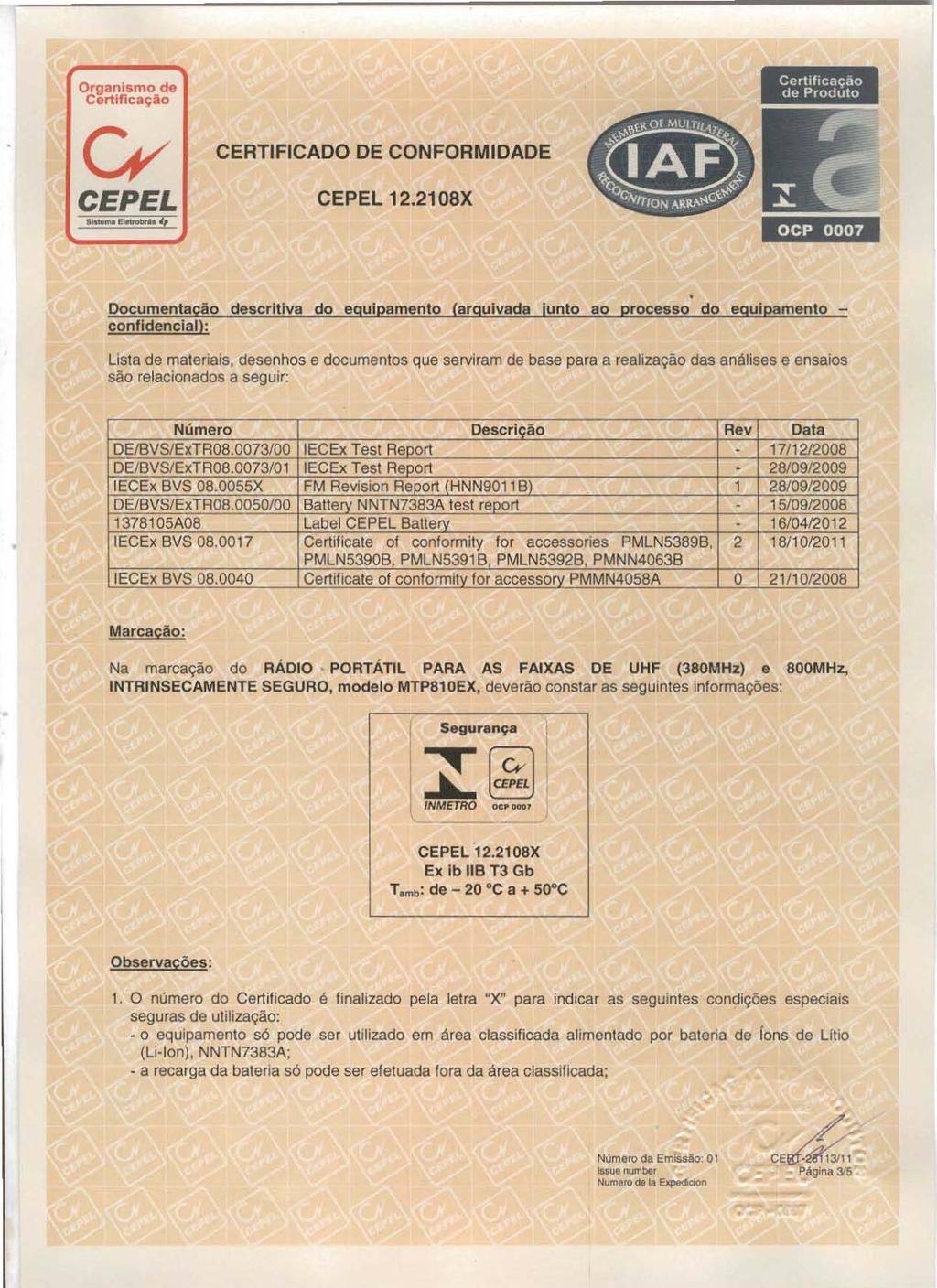 , Certlflcaçllo Certificação Ii oep 0007.