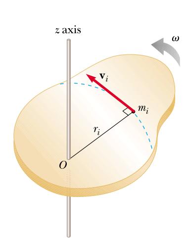 Energia Ciné:ca Rotacional Um objeto em rotação sobre o algum eixo com velocidade angular, ω, tem energia cinética rotacional mesmo que não tenha nenhuma energia cinética de