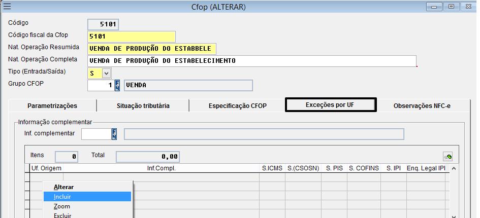 informação complementar com variação por estado para o mesmo CFOP.