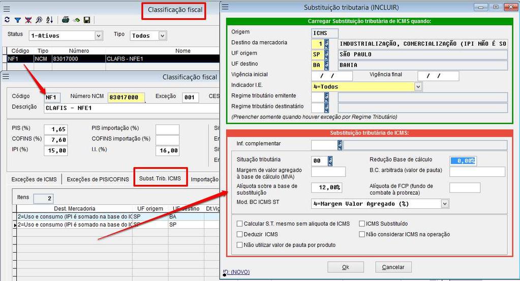 10. Cadastro de Substituição tributária de ICMS Para cadastrar Substituição tributária de ICMS, acesse a tela de cadastro de classificação fiscal (NCM) escolha a tela de Subst. Trib.