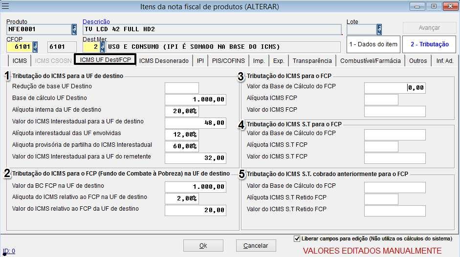 Especificações da aba de ICMS UF Dest: 1.