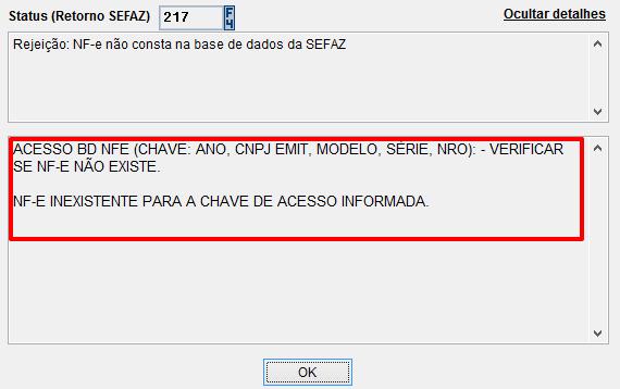 Detalhes do processo de NF-e: Nesta tela são exibidas todas as etapas de processamento da NF-e e caso uma