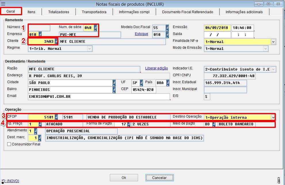 19. Processar NF-e de produto Clique no módulo de faturamento e no ícone de Notas fiscais de produtos para abrir a tela de inclusão de NF-e; Tela Geral: 1- Preencha o campo com o código da empresa e