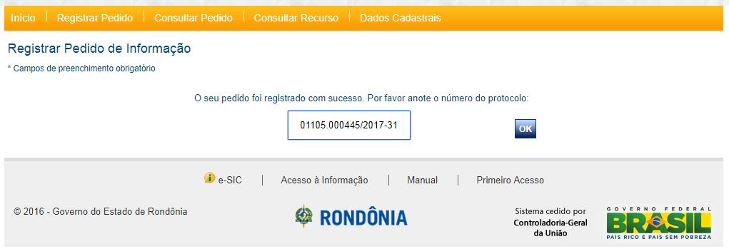 Uma nova tela será apresentada para confirmar os dados do solicitante, devendo ser verificado se os dados para contato estão corretos, após isso, clique em Concluir. 0XXXX.