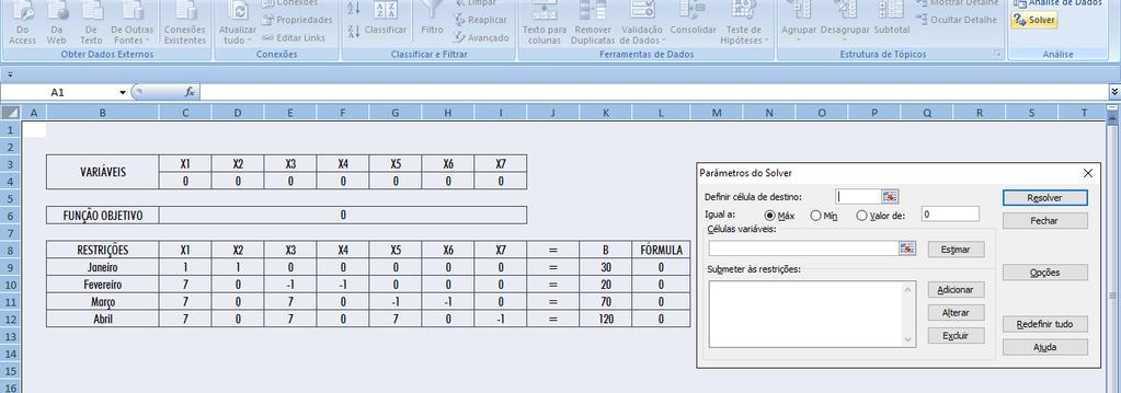 Ferramentas Solver Excel 2º passo