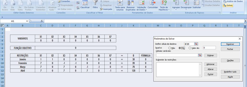 Ferramentas Solver Excel 2º passo