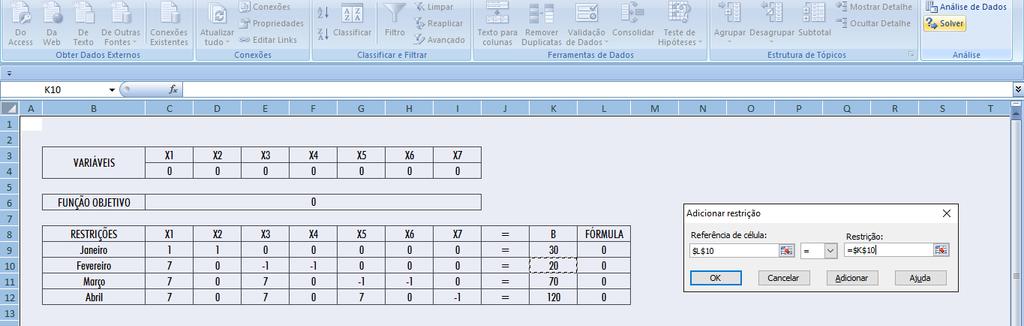 Ferramentas Solver Excel 2º passo