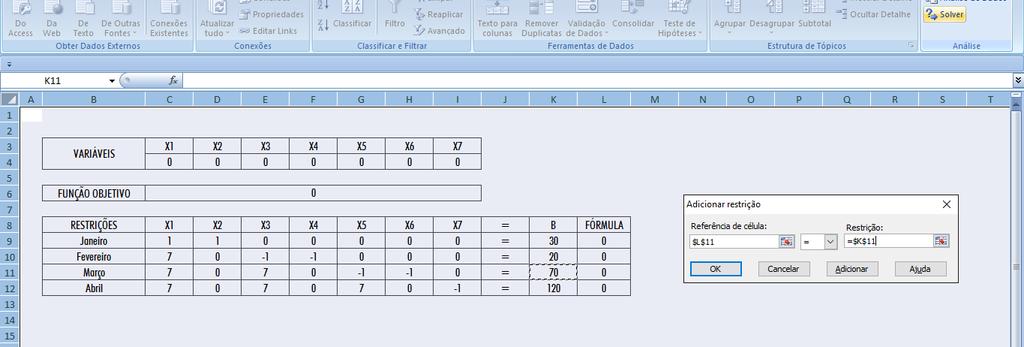 Ferramentas Solver Excel 2º passo