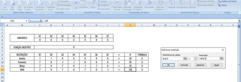 Ferramentas Solver Excel 2º passo