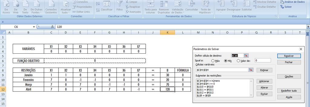 Ferramentas Solver Excel 2º passo