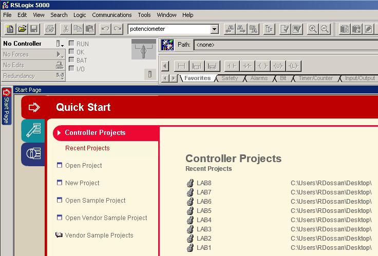 1. Início do projeto do controlador. Clique no ícone do software RSLogix5000 na área de trabalho para iniciar o projeto de controle. 2.