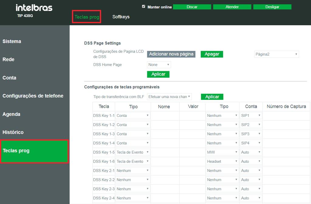 Configurar/editar tecla DSS através da interface web Acesse a página de configuração através do navegador de internet. Caso tenha dúvida referente ao acesso à interface web, verifique o item 5.2.