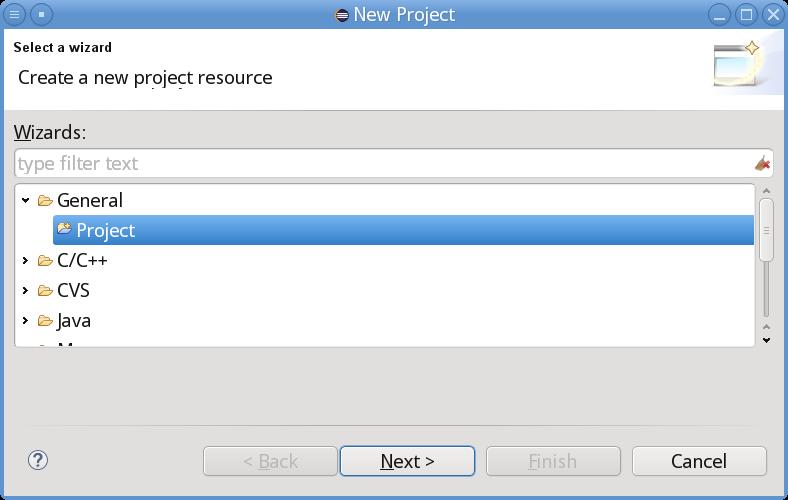 Creating a new project (2/4) The New Project wizard opens, showing a couple of different
