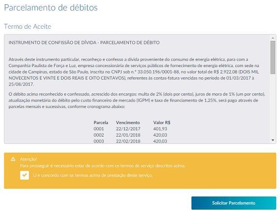 5.4.5 Após clicar em solicitar parcelamento, na tela seguinte o sistema dará a mensagem Solicitação efetuada com sucesso.