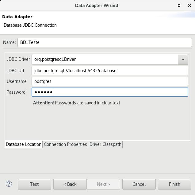 Configuração do Data Adapter Dê um nome pra conexão. Escolha o driver JDBC.
