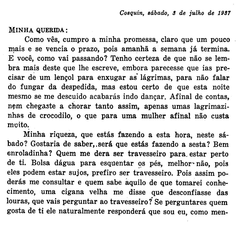 Carta escrita para a protagonista por seu namorado em romance de Puig, numa das traduções brasileiras.