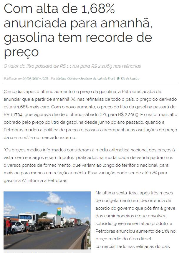 CLIPPING DE NOTÍCIAS Título: Com Alta de 1,68% anunciada para amanhã, gasolina tem recorde de preço Veículo: Agência Brasil Data: 04.09.