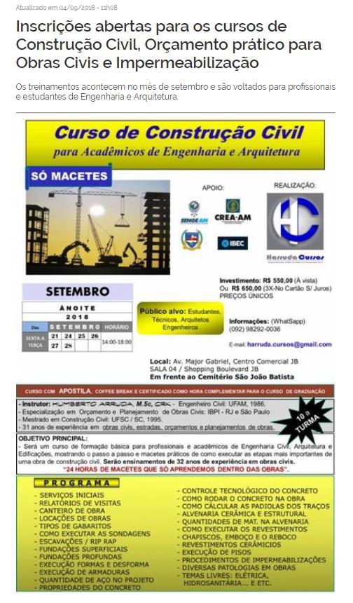 CLIPPING DE NOTÍCIAS Título: Inscrições abertas para os cursos de Construção Civil, Orçamento prático para Obras Civis e Impermeabilização.