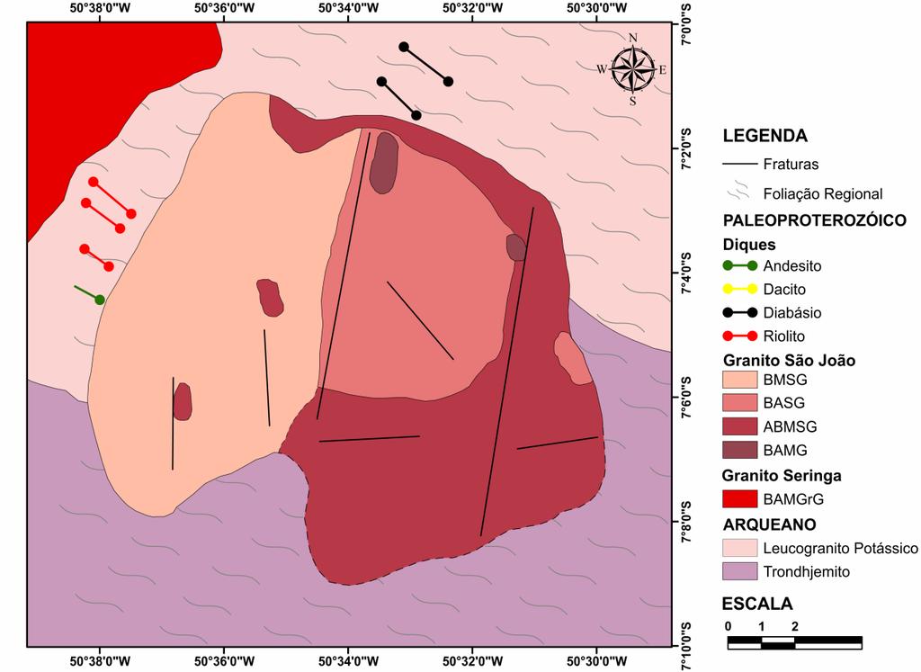 29 ABMSG e BASG situadas a leste. Os ABMSG, com 36% de área, ocupam as bordas N, E e SE do granito, contornando quase por completo as rochas BASG.