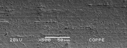 fios. A fotografia do MEV com aumento de 500 vezes do fio termoativado revela pequenas fissuras e sulcos em seu