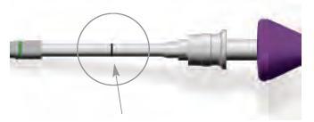 A linha marcada Femoral no Insersor de 3,5mm, Longo, indica quando a cabeça do parafuso está completamente acomodada (Certifique-se de que a Cânula para Tecido Mole esteja segura de forma firme