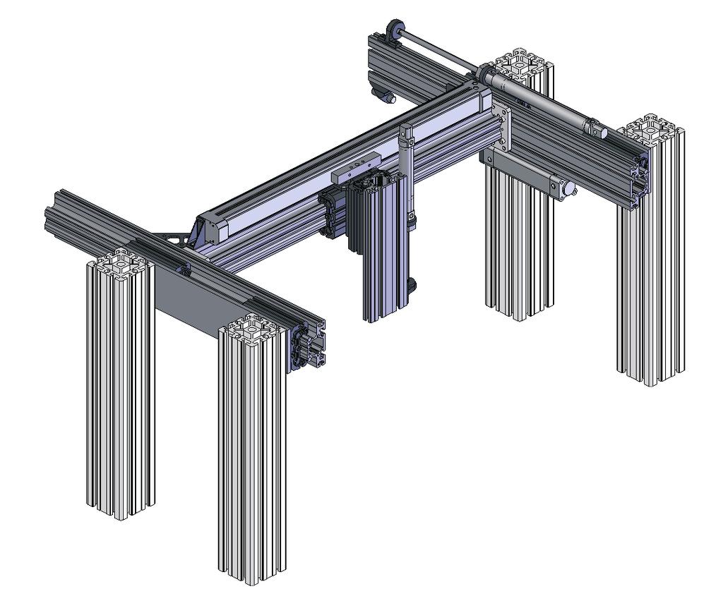 K-021 K-013 Exemplo de aplicação Gantry de 3 eixos, montado com 4 guias, alimentado por cilindros pneumáticos.