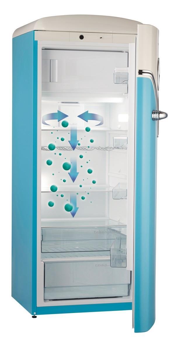 IonAir com DynamiCooling Distribuição uniforme da temperatura no refrigerador O sistema de ventilação avançado com refrigeração dinâmica distribui uniformemente o ar ionizado e iguala a temperatura