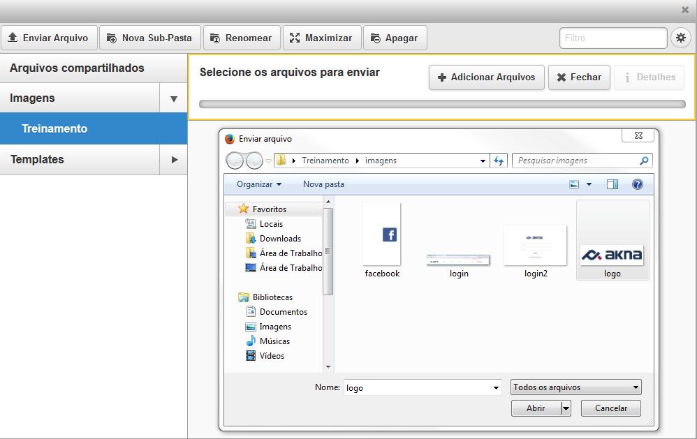 ATENÇÃO: É possível criar subpastas. Para isso clique na pasta Imagens ou Arquivos compartilhados e depois clique em. 7.