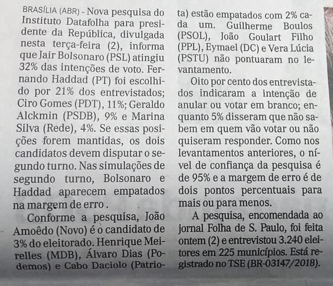 Título: Bolsonaro com 32%, Haddad, 21%