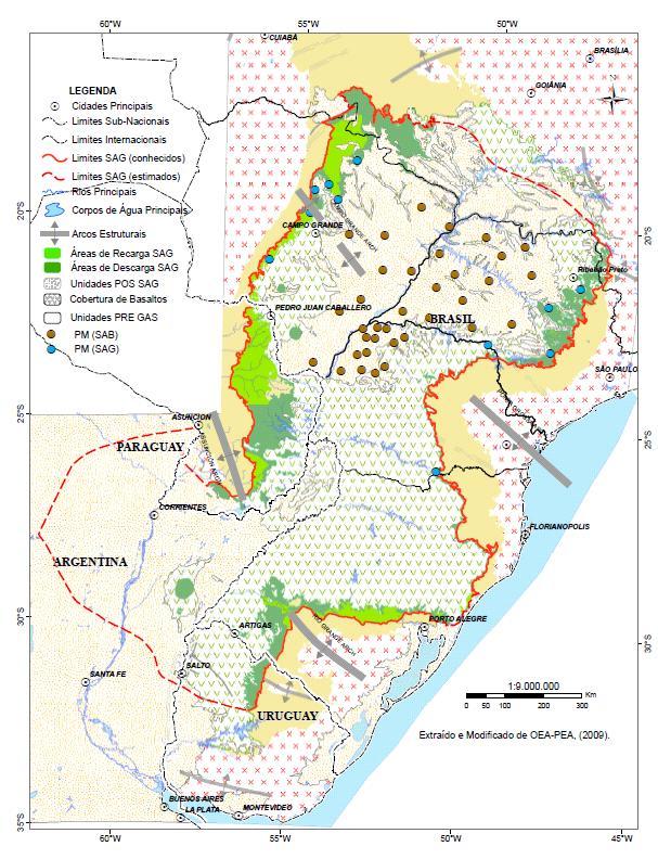 Área de Estudo Porções aflorantes SAG e toda área ocorrência do SAB: São Paulo, Mato Grosso do Sul e Paraná. Área aproximadamente de 3.500 km 2.