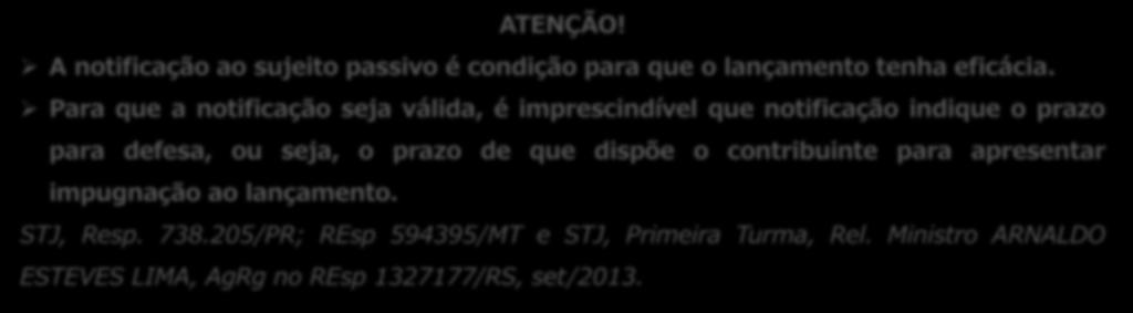 Fase oficiosa ATENÇÃO! A notificação ao sujeito passivo é condição para que o lançamento tenha eficácia.