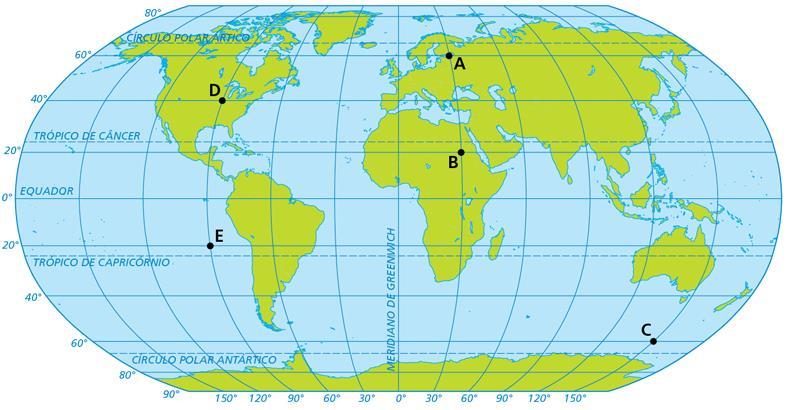 COORDENADAS GEOGRÁFICAS Determine as Coordenadas Geográficas de cada ponto A= 60 0 Latitude Norte e 30 0 Longitude Leste B= 20 0 Latitude Norte e 30 0