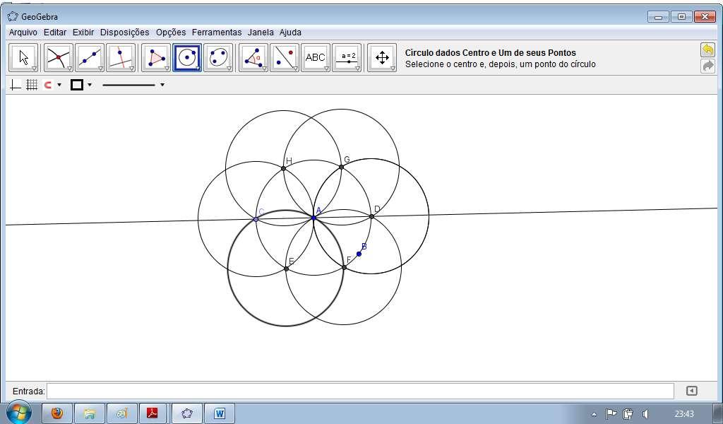 7) Agora, trace quatro circunferências passando por A com centros nos pontos de interseção que você já marcou, ou seja, em G,E,F e H.