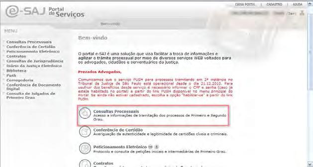 Peticionamento Eletrônico TJ/SP CONSULTA DE PROCESSOS NO PORTAL DO E-SAJ 1. Selecione a opção <CONSULTAS PROCESSUAIS>.