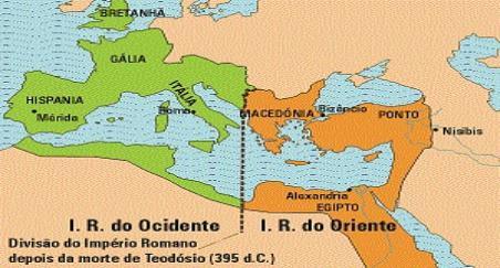 O colapso do Império Romano sentiu um de seus maiores golpes quando, em 395, o imperador Teodósio dividiu os territórios em Império Romano do Ocidente e do Oriente.