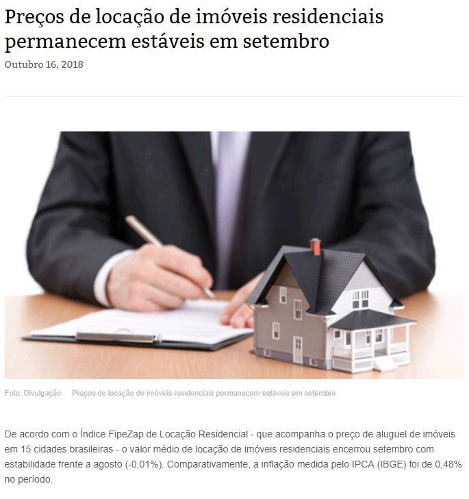 Título: Preços de locação de imóveis residenciais permanecem estáveis em setembro Veículo: Investimentos e Notícias Data: 15.10.