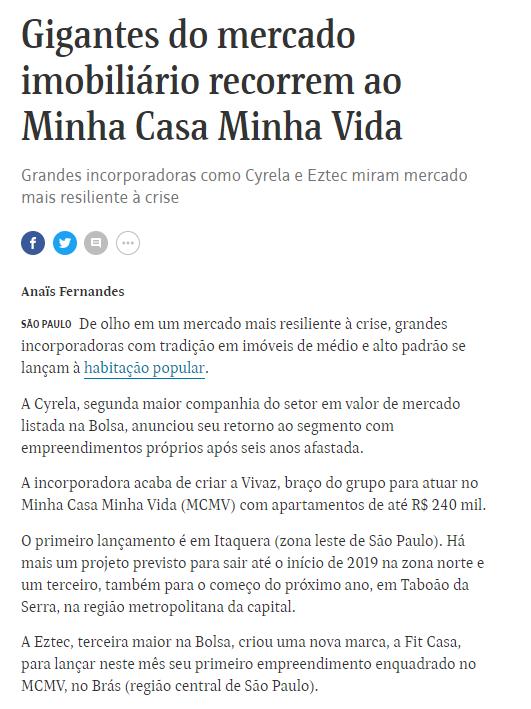 Título: Gigantes do mercado imobiliário recorrem ao Minha Casa Minha Vida Veículo: Cbic Hoje Data: 15.10.