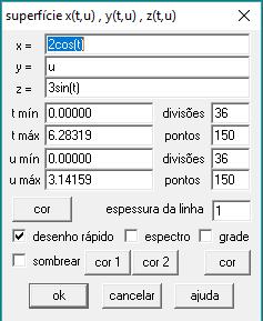 25 4.10 CONSTRUÇÃO DA SUPERFÍCIE CILINDRICA COM SOFTWARE WINPLOT 3D Passo 1) Equação Paramétrica X = 2cos(t) Y = u Z = 3sin(t) 4.