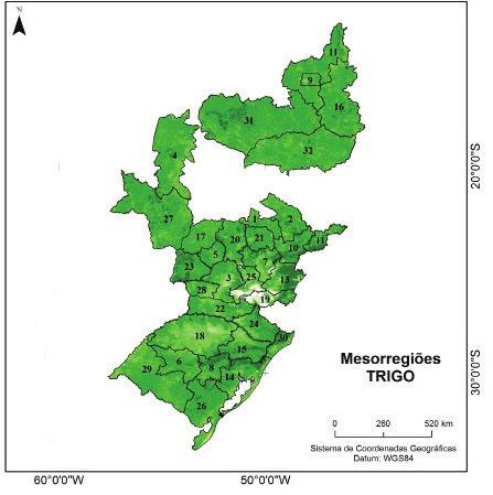 12 Dinâmica do comportamento espectral em mesorregiões produtoras de trigo Material e Métodos A área de estudo compreende 32 mesorregiões situadas nos estados do Rio Grande do Sul, Paraná, São Paulo,