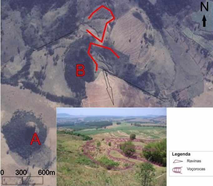 Figura 2 Detalhe dos voçorocamentos de cabeceira (circundados em vermelho) sobre fotografia aérea; em A Morro do Cuscuzeiro; em B Morro do Cuscuzeiro.