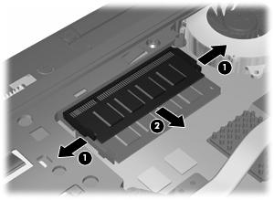 9. Remova o módulo de memória da ranhura da memória de expansão: a. Abra os clipes de retenção (1) de cada lado do módulo de memória. O módulo de memória solta-se.