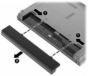 Para remover a bateria: 1. Vire o computador ao contrário numa superfície plana, com a baía da bateria voltada para si. 2. Faça deslizar o fecho de abertura da bateria (1) para soltá-la. 3.