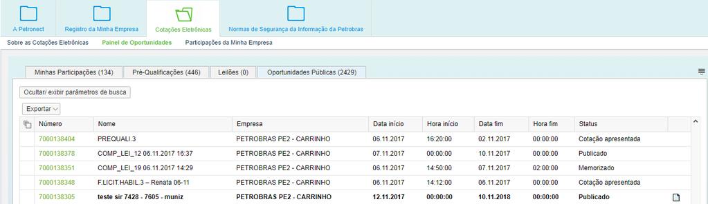 Envio de Proposta Na opção Oportunidades Públicas serão apresentadas as oportunidades com os seguintes status: Publicado - Esse status indica que a data início para envio de propostas ainda não foi