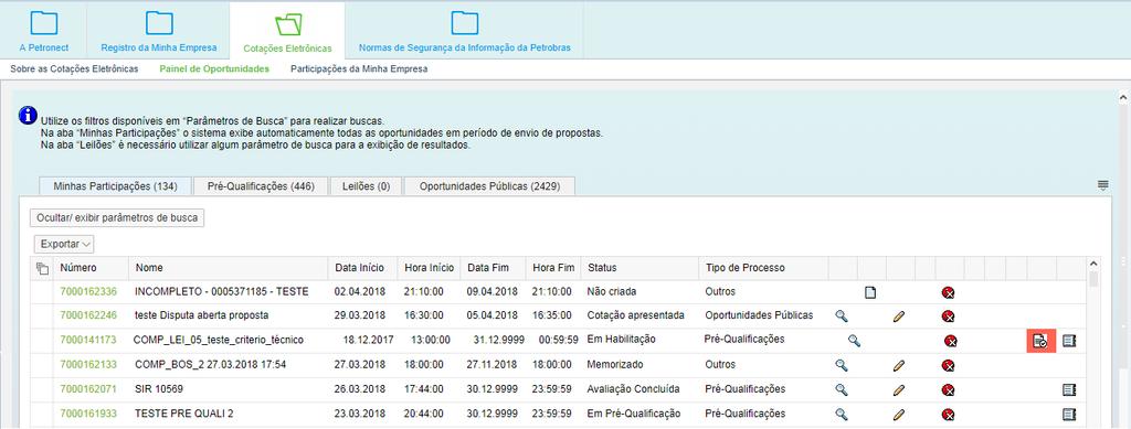 Envio de Proposta Na opção Minhas Participações serão apresentadas as oportunidades com os seguintes status: Não Criada Esse status indica que a data início para envio de propostas ainda não foi