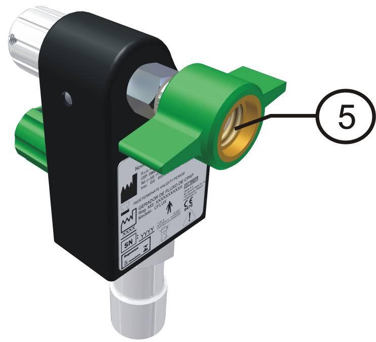 Controles e Componentes Figura 3: Vista Posterior 5. Conexão de Entrada de O 2 O Gerador de Fluxo de CPAP CFLUX deve ser conectado diretamente na rede de oxigênio.