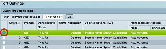 Na tabela da configuração de porta LLDP, clique o botão de rádio ao lado do