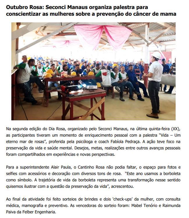 Título: Outubro Rosa: Seconci Manaus organiza palestra para